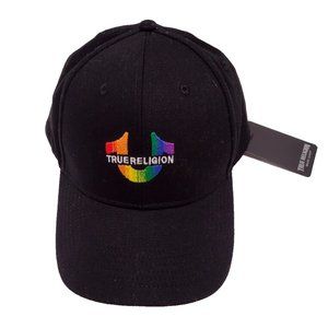True Religion Trucker Hat Snapback Cap Rainbow Pride Horseshoe Logo Black